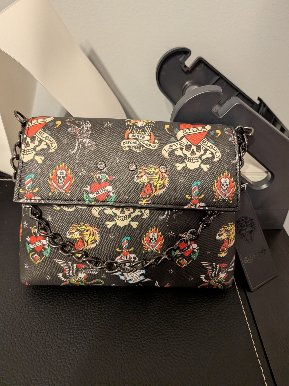 Ed Hardy Black Tattoo Print Chain Bag